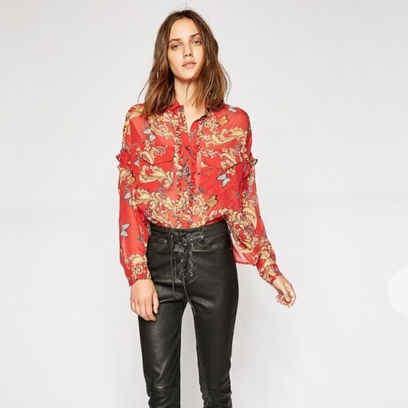 The Kooples Royal Butterfly 100% Silk Sheer Gold Bold Print Boxy Blouse XS - Picture 1 of 8